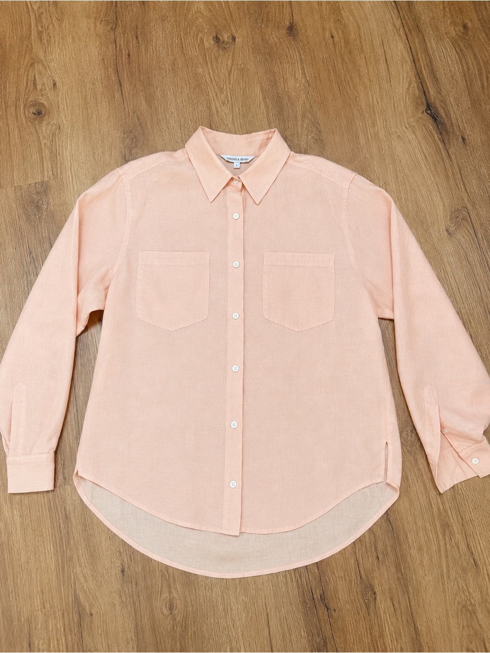Veronica Beard Soft Peach Linen Button-Down Shirt, size L, EUC